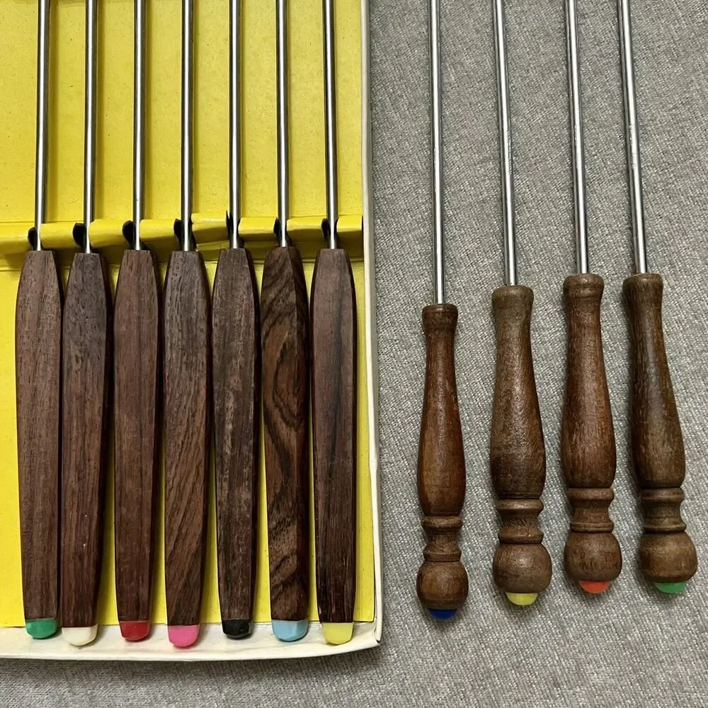 VTG MCM Teak Handle Stainless Fondue Forks Original Box 11 Pcs Made In Japan EXC